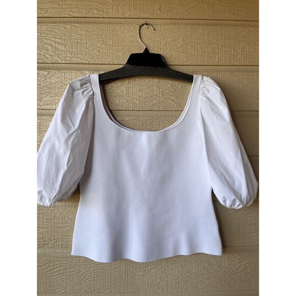 Theory women Glossed Scoop Neck Knit Top size Large White Puff Short Sleeve $345 - Picture 4 of 9